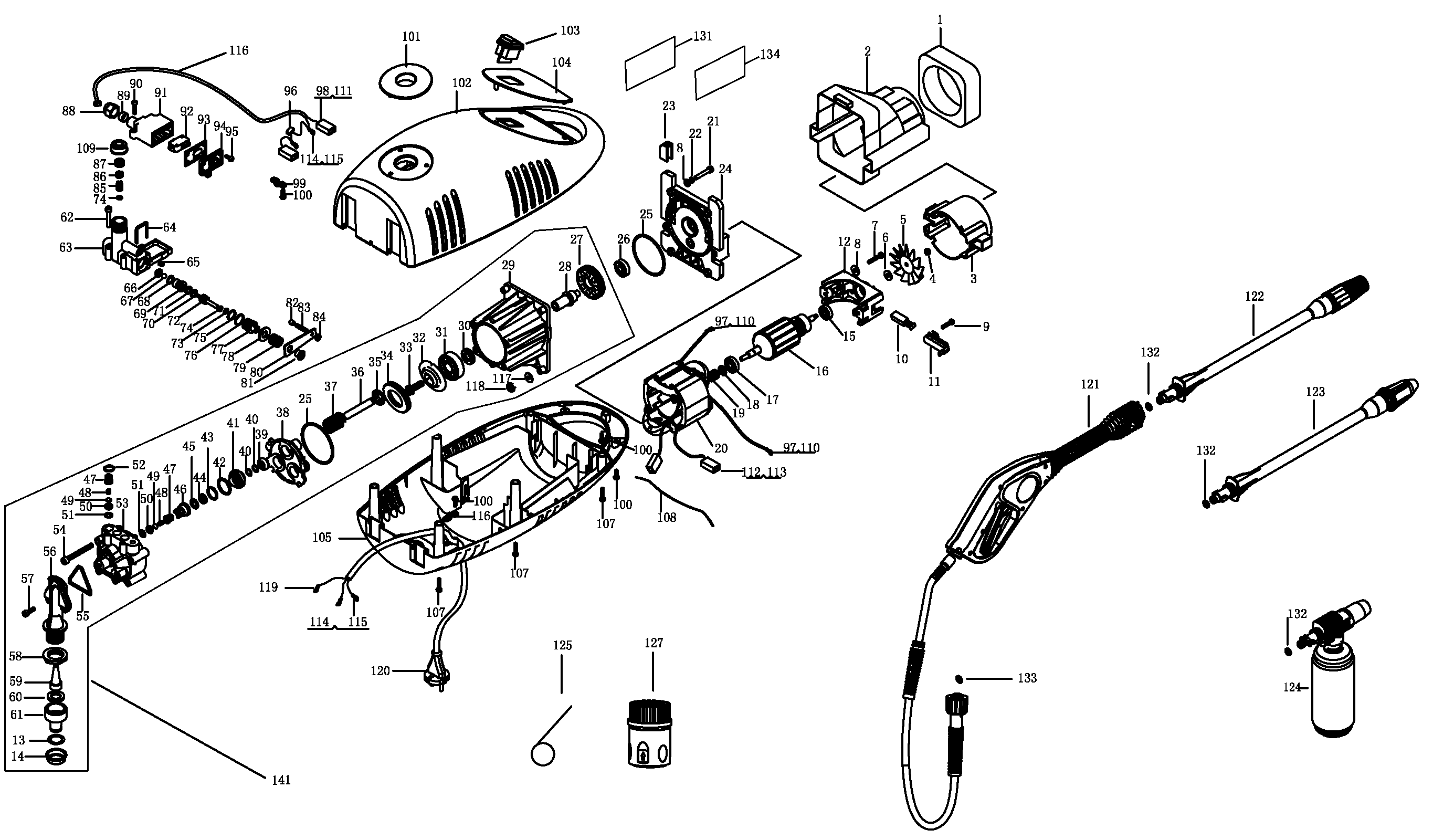 Default Diagram and Parts List for PW1300-AR Type 1 Black and Decker Pressure Washer